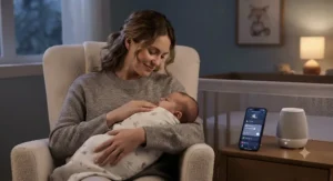 A mother gently rocking her baby during a bedtime routine aided by smartphone-controlled sleep sounds.
