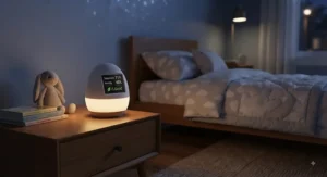 Cute air quality monitor with a soft glowing night light in a toddler bedroom