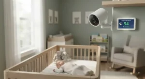 Modern video baby monitor camera mounted in a nursery to track sleep quality scores
