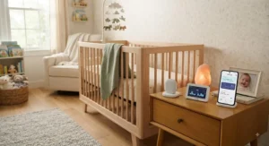 A cozy, organized American nursery featuring a baby crib and a connected sleep cycle tracking baby device on the nightstand.