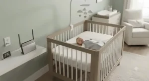 Cozy nursery setup featuring a crib, baby sleeping safely in a Wi-Fi sleep sack monitor, and nearby wireless router