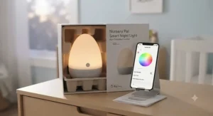 An app-controlled baby night light packaged alongside a smartphone displaying the companion app