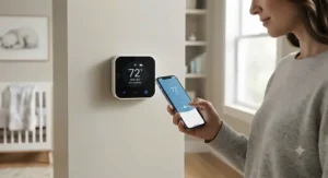 A parent using a mobile app on a smartphone to adjust the settings on a smart nursery thermostat.
