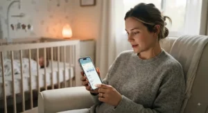 A parent looking at a smartphone app showing insights from a baby sleep cycle tracking device to monitor overnight comfort.