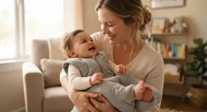Parent holding a happy infant dressed in a breathable 2.5 TOG sleep sack