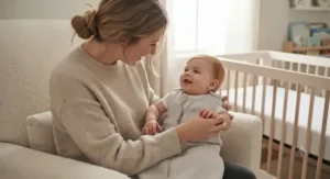 Parent zipping up a smiling infant into a lightweight 0.5 TOG sleep sack during bedtime routine.