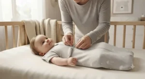 Parent zipping up a baby in a soft, comfortable swaddle transition bag for bedtime routine.