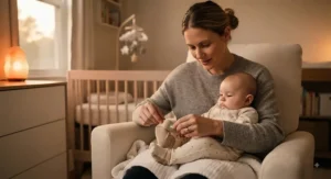 A parent carefully attaching a sleep cycle tracking baby device to their infant before bedtime for accurate nightly monitoring.