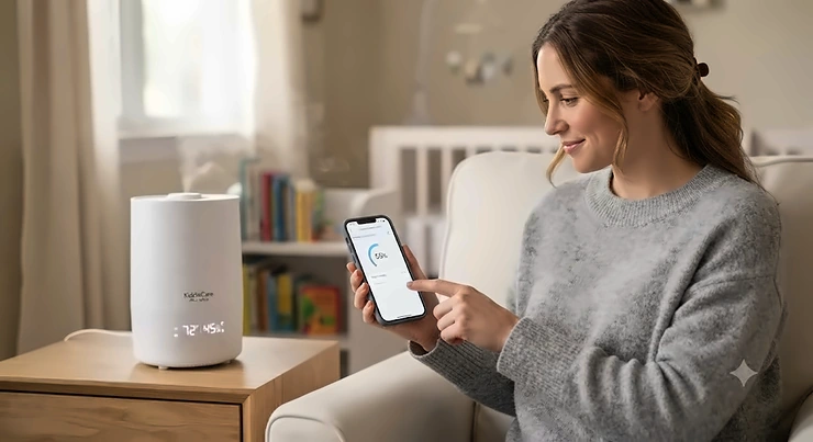 A parent adjusting humidity settings on a smartphone app near a smart humidifier for nursery.