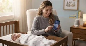 A parent smiling while adjusting smartphone-controlled sleep sounds for their baby in a cozy nursery.
