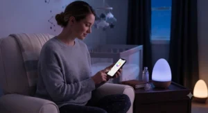 Parent using a smartphone app to adjust settings on a smart LED nursery night light