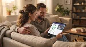Parents reviewing their baby monitor sleep quality score on a tablet in the living room