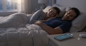 Parents sleeping soundly while their Wi-Fi sleep sack monitor tracks real-time infant vitals overnight