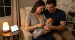 Happy parents placing their newborn into a smart sleep sack for nighttime routine.