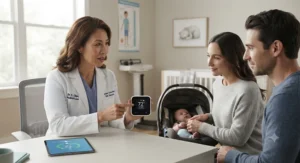 An illustration of a pediatrician discussing the benefits of a smart nursery thermostat for safe infant sleep.