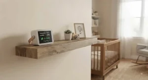 Portable air quality monitor sitting on a wooden floating shelf in a neutral nursery