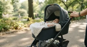 A compact, portable sleep cycle tracking baby device being used while the baby naps in a stroller during an outdoor walk.