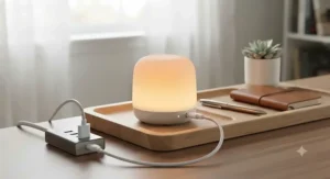 A compact portable sunrise simulator night light connected to a USB charger on a desk.