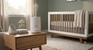 A quiet smart humidifier for nursery operating on a nightstand in a modern baby room.