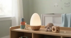 Safe BPA-free silicone smart LED nursery night light sitting safely near baby toys