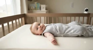 Safe sleep setup featuring an infant resting comfortably in an adjustable swaddle transition bag