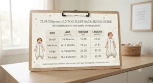 Infographic showing sizing guidelines and weight limits for choosing the right 0.5 TOG sleep sack.