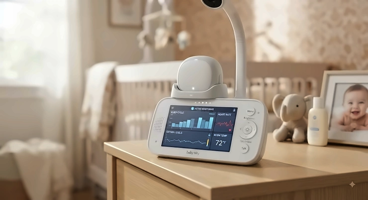 A modern baby sleep cycle tracking device resting on a nursery monitor, providing real-time data on infant rest patterns.