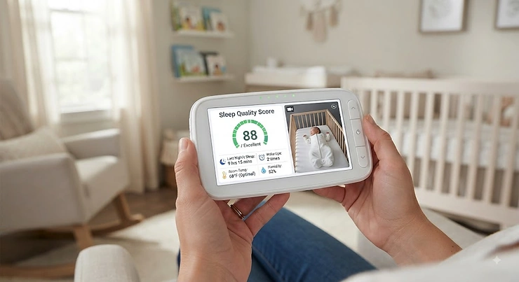 Baby monitor screen displaying a sleep quality score dashboard in a nursery sleep quality score baby monitor