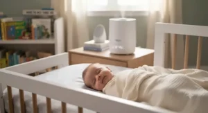 A peaceful sleeping baby in a crib with a smart humidifier for nursery running quietly in the background.