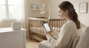 Parent checking smartphone app connected to a nursery air quality monitor