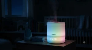 A smart humidifier for nursery glowing with a soft multi-color night light in a dark room.