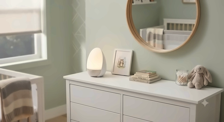 Smart LED nursery night light glowing softly on a baby's white dresser in a modern American nursery