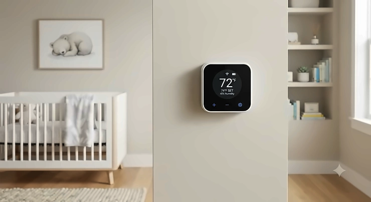A sleek smart nursery thermostat mounted on a neutral-colored wall in a modern baby room.