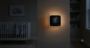 A smart nursery thermostat glowing with a soft nightlight feature in a dark baby bedroom.