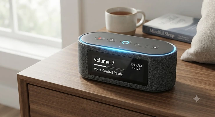 Close-up of a smart sound machine displaying volume settings and voice control capabilities.