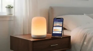 Close-up of a sunrise simulator night light showing smartphone app integration for sleep schedules.