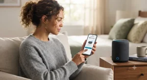 A person connecting their alexa compatible sound machine to a smartphone app for sleep routines.