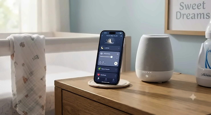 A sleek smartphone displaying a sleep sound app next to a modern baby sound machine on a nursery nightstand.