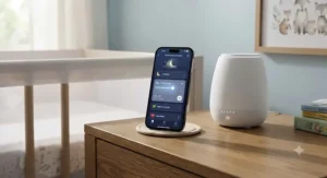 A compact smart sound machine paired with an open app showcasing smartphone-controlled sleep sounds baby features.