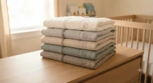 A neat stack of neutral-colored 2.5 TOG sleep sacks for cool nursery nights