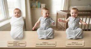 Step-by-step stages of moving from a tight swaddle to an adjustable swaddle transition product