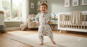 A toddler posing in a stylish patterned walking sleep sack designed for comfort and mobility.