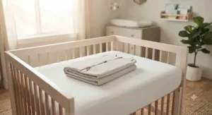 Modern nursery setup featuring a folded 0.5 TOG sleep sack on a crib ready for warm-weather sleeping.