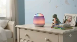 A colorful sunrise simulator night light placed on a child's dresser to help with bedtime routines.