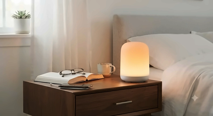 A modern sunrise simulator night light glowing softly on a bedroom nightstand in the morning.