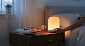 A bedroom illuminated by a sunrise simulator night light simulating a natural morning dawn.