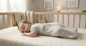 Baby safely rolling over during sleep while wearing a flexible swaddle transition bag.