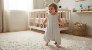 Active toddler walking around the nursery in a roomy 0.5 TOG sleep sack with walker openings.