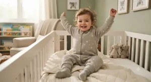 A toddler waking up in a crib wearing a soft walking sleep sack, ready to start the day.