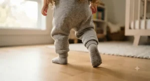Close-up of a toddler walking in a sleep sack featuring non-slip foot grips for safety on hardwood floors.